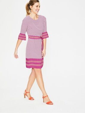 Boden Pink Patterned Belted Midi Dress with Stripe Trim